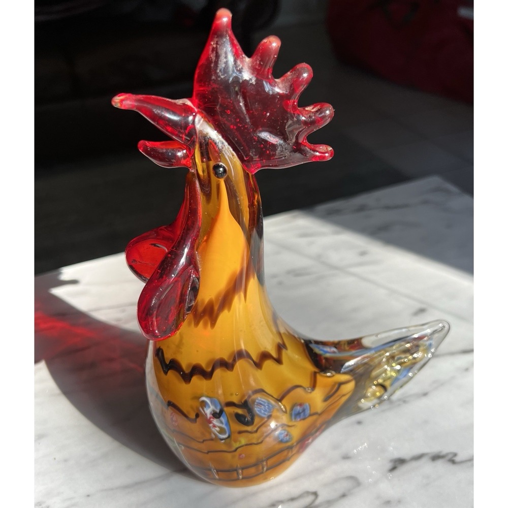 Vintage Murano Style Yellow Art Glass‎ Rooster Chicken 8"